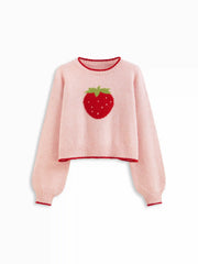 Knit Strawberry Contrasting Binding Round Neck Oversized Sweater