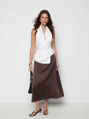 Halter Neck Asymmetrical Wrap Top With Metal Detail