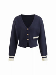 Knit V-neck Long Sleeve Contrasting Binding Metal Button Cardigan