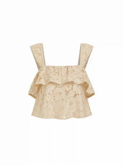 Cotton-blend Lace Square Neck Ruffled Crop Tank Blouse