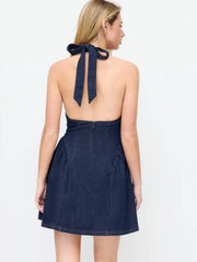 Washed Denim Twist Knotted Halter Neck A-line Mini Dress