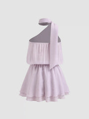 Asymmetrical Neck Mental Detail Belted Layered Mini Dress With Scarf