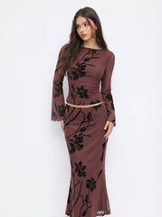 Mesh Floral Boat Neck Bell Sleeve Top & Mid Rise Mermaid Maxi Skirt Set