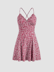 Floral Lace Up Backless Mini Dress
