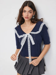 Knit Collar Short Sleeve Lace Top