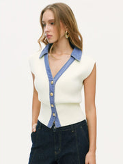 Knit V-Neck Metal Button Denim Contrasting Binding Vest