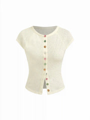 Round Neckline Short Sleeve See-through Button Front Blouse