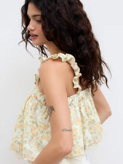 Cotton Square Neck Floral Ruffle Lace Hem Cami Top