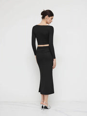 Boat Neckline Solid Twist Long Sleeve Crop Top & Mid Rise Solid Ruched Maxi Skirt