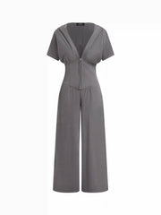 Ribbed V-neck Wrap Front Wide Leg Jumpsuit
