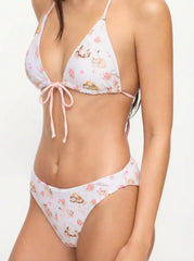 Cat Graphic Halter Neckline Floral Triangle Bikini Set