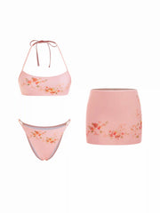 Floral Scoop Neck Bikini Set With Mesh Skirt