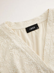 Lace V-neck Short Sleeve Button Front Ruffle Hem Blouse Curve & Plus