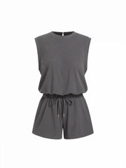 Ribbed Round Neck Drawstring Mid Rise Romper