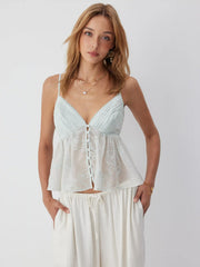 Chiffon V-neck Button Front Lace Panel Crop Cami Blouse