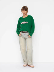 Knit Car Pattern Round Neck Side Split Sweater