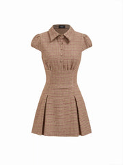 Collar Houndstooth Pleated Ruched Mini Dress