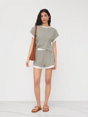 Cotton-blend Stripe Contrasting Binding Tee & Elastic Waist Shorts Set