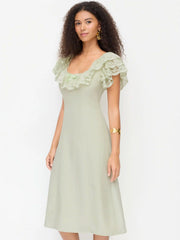 Linen-blend Scoop Neck Puff Sleeve Lace Bowknot A-line Midi Dress