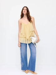 Chiffon Sweetheart Layered Ruffle Hem Oversized Blouse