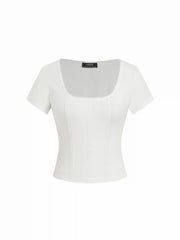 Cotton-blend Scoop Neck Lace Panel Lace Trim Short Sleeve Tee