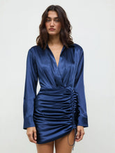 Solid Drawstring Satin Mini Shirt Dress