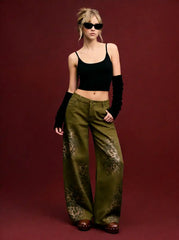 Washed Denim Low Rise Leopard Barrel-leg Jeans