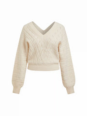 Knit V-neck Long Sleeve Hollow Out Cinched Waist Top