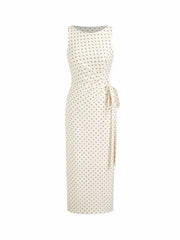 Polka Dot Boat Neck Tie Side Split Maxi Dress