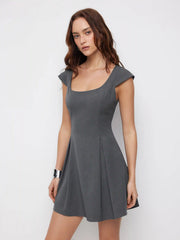 Woven Square Neck Pleated A-line Mini Dress