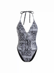 Tile Halter Neckline Lace Up High Stretch One-piece Swimsuit