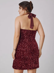 Sequin V-neck Halter Mini Dress Curve & Plus