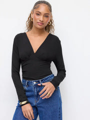 V-neck Long Sleeve Ruched Bodysuit