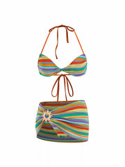 Halter Neckline Striped Bracelet Top & Low Rise Bikini Bottom 3 Piece Bikini Set