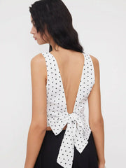 Boat Neck Polka Dot Bowknot Backless Crop Top