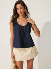 Linen-blend Tie-front Sleeveless Blouse