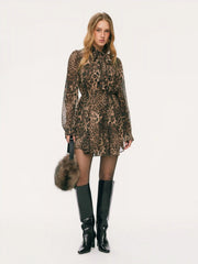 Chiffon Leopard Print Stand Collar Ruffled Oversized Babydoll Mini Dress