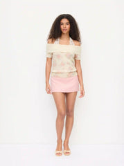 Knit Wool-blend Floral Off-shoulder Lace Detail Puff Sleeve Top