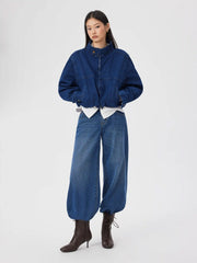 Washed Denim Stand Collar Oversized Crop Jacket