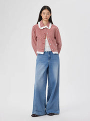 Denim Ruffle Striped Contrasting Binding Collar Jacket