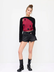 Knit Round Neckline Star Ripped Tank Top & Asymmetrical Shrug Set