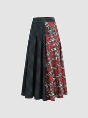 Mid Waist Patched Check Buckle Maxi Skirt