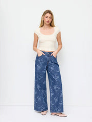 Washed Denim Low Rise Bowknot Graphic Oversized Wide Leg Jeans