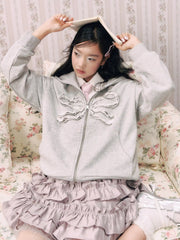 Terry Lettuce Trim Bowknot Zip Through Oversized Hoodie
