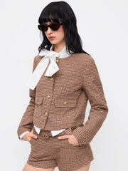Tweed Houndstooth Round Neckline Long Sleeve Jacket