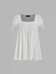 Square Neck Solid Ruffle Knotted Short Sleeve Blouse