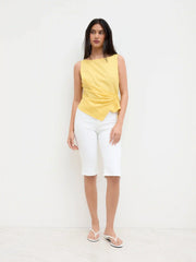 Linen-blend Beaded Knotted Ruched Tank Top