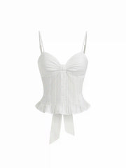 Cotton Textured Sweetheart Bowknot Ruffle Hem Cami Top