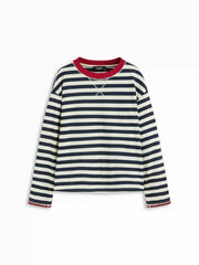 Cotton-blend Stripe Contrasting Binding Oversized Long Sleeve Tee