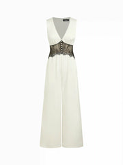 Satin V-neck Lace Panel Mid Rise Wide Leg Pocket Jumpsuit